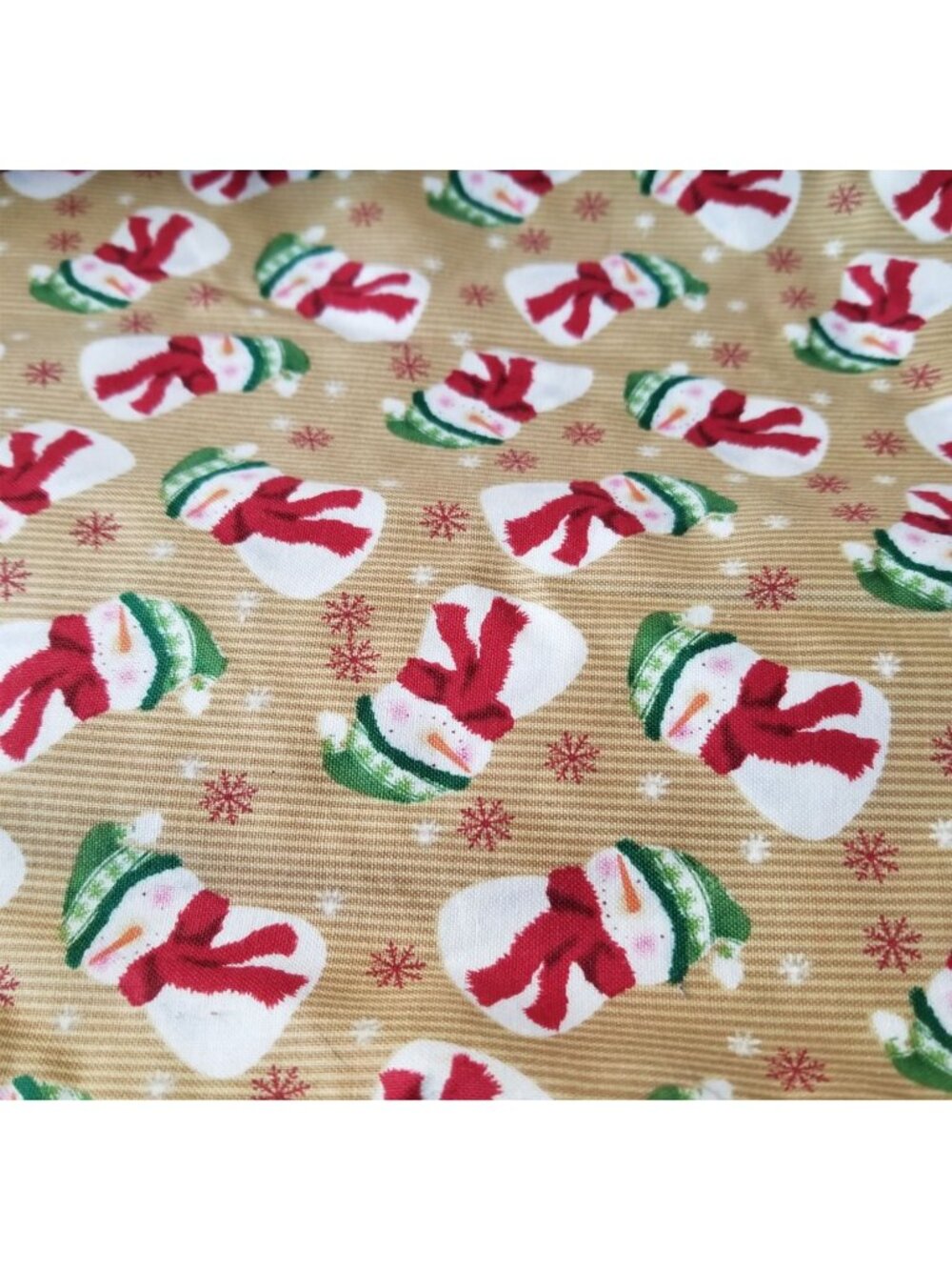 Material Brown  Fabric Red Green Hats Snowmen SnowFlakes Fabric  44" x 45"   Cot